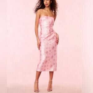 LoveShackFancy Pink Strapless Floral Midi Dress